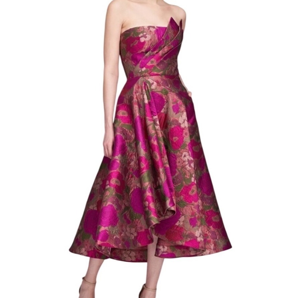 Theia Couture Carolina Strapless Floral Jacquard Midi Dress Pink Size 4